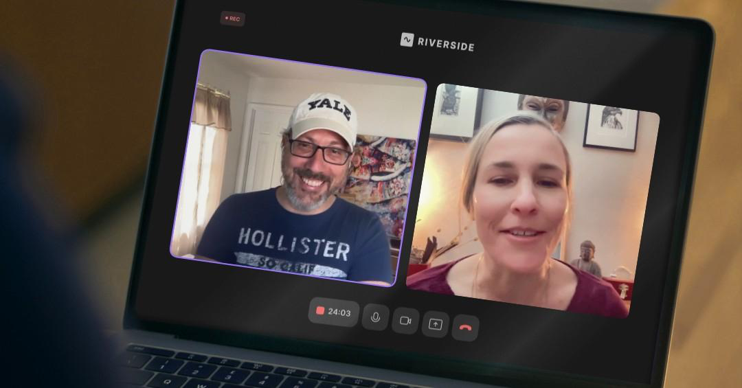 Two people on a Riverside video call — studio-grade recording on both sides